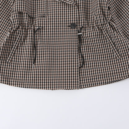 Women's Short Checked Trench Coat with Drawstring Waist and Wide Lapels EVA-US