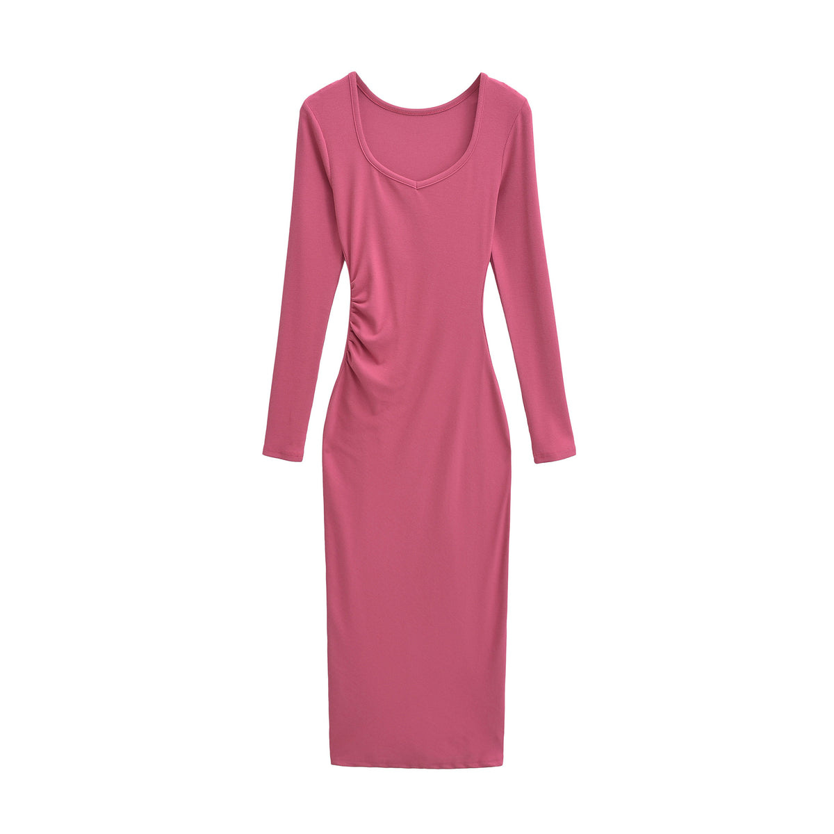Women's Fitted Midi Dress with Side Ruching and Double Neckline EVA-US
