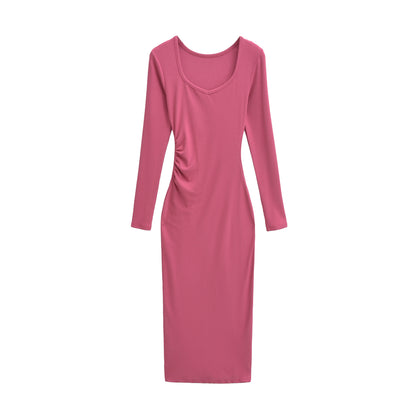 Women's Fitted Midi Dress with Side Ruching and Double Neckline EVA-US