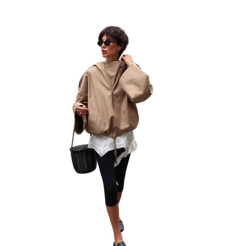 Women's Oversize Hooded Pullover Jacket with Half Zipper and Shoulder Yoke EVA-US