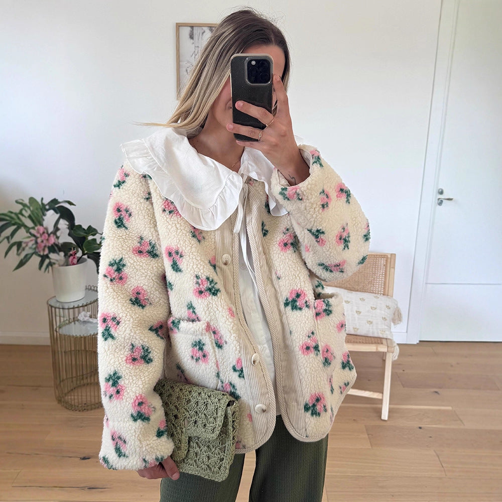 Women's teddy fleece jacket with floral print, cord placket, patch pockets, and oversized lace collar EVA-US
