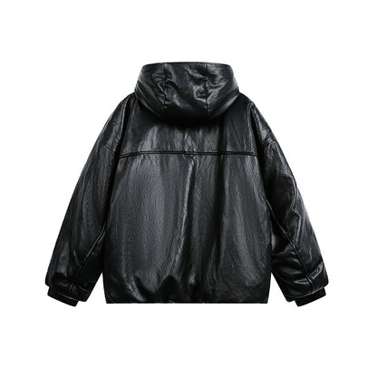 Men's Oversized Faux Leather Jacket with Hood and Zipper EVA-US