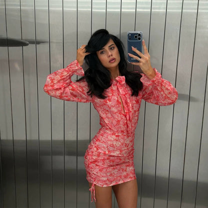 Women's Floral Chiffon Mini Dress with Bow Collar, Sheer Volume Sleeves and Side Gathering EVA-US
