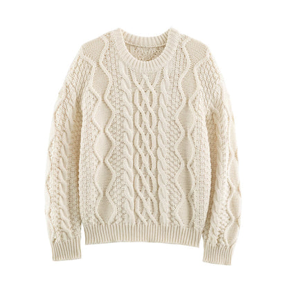 Women's chunky braided knit sweater with round neck and texture mix EVA-US