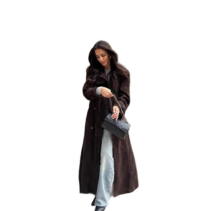 Women's Long Velvet Trench Coat with Tie Belt and Lapel Collar EVA-US