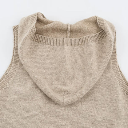 Women's fine knit vest with hood, button placket, and ribbed waistband EVA-US