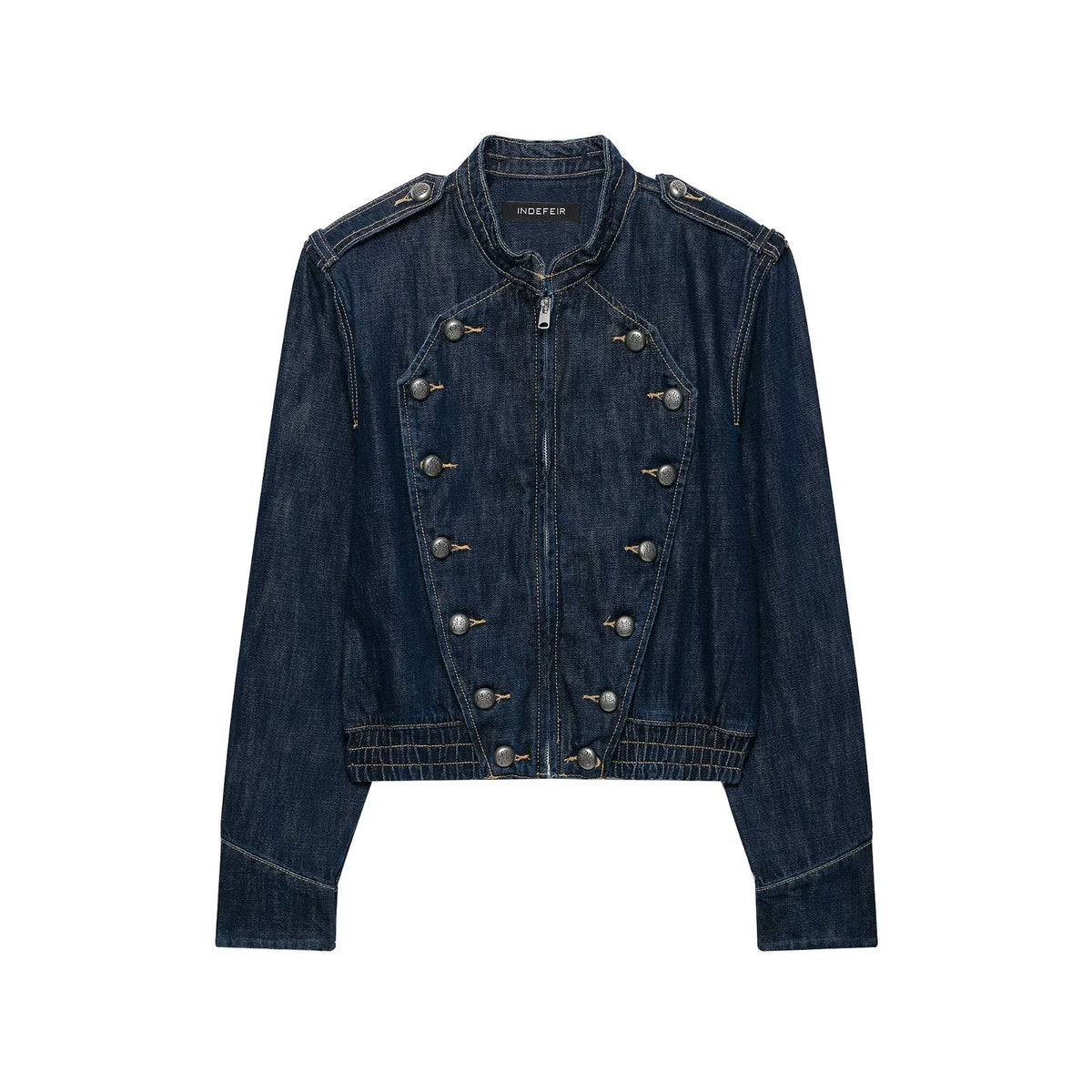 Women's Cropped Denim Field Jacket with Decorative Double Row and Stand-Up Collar EVA-US
