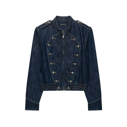 Women's Cropped Denim Field Jacket with Decorative Double Row and Stand-Up Collar EVA-US