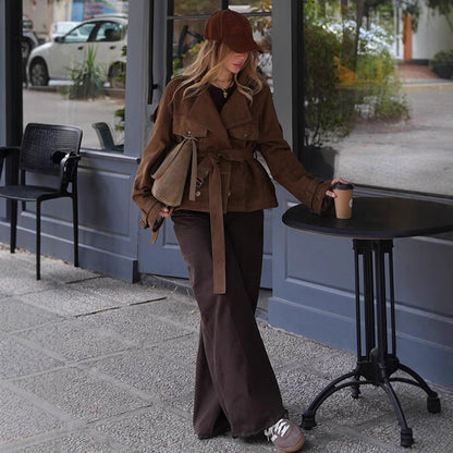 Women's Short Cut Suede Trench Coat with Waist Belt and Adjustable Cuffs EVA-US