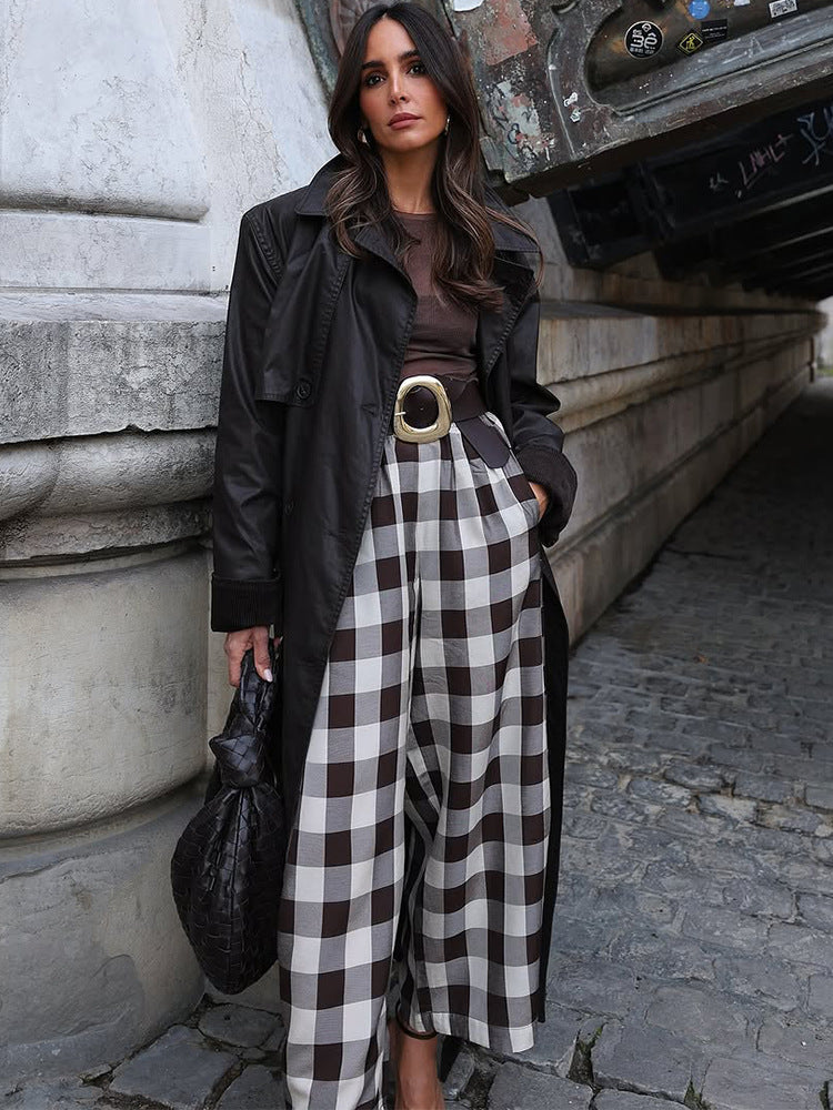 Women's Check High-Waisted Palazzo Pants with Wide Leg & Pleats EVA-US