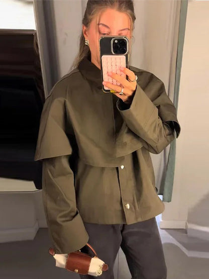 Women's Short Trench Coat with Cape Overlay and Oversized Sleeves EVA-US
