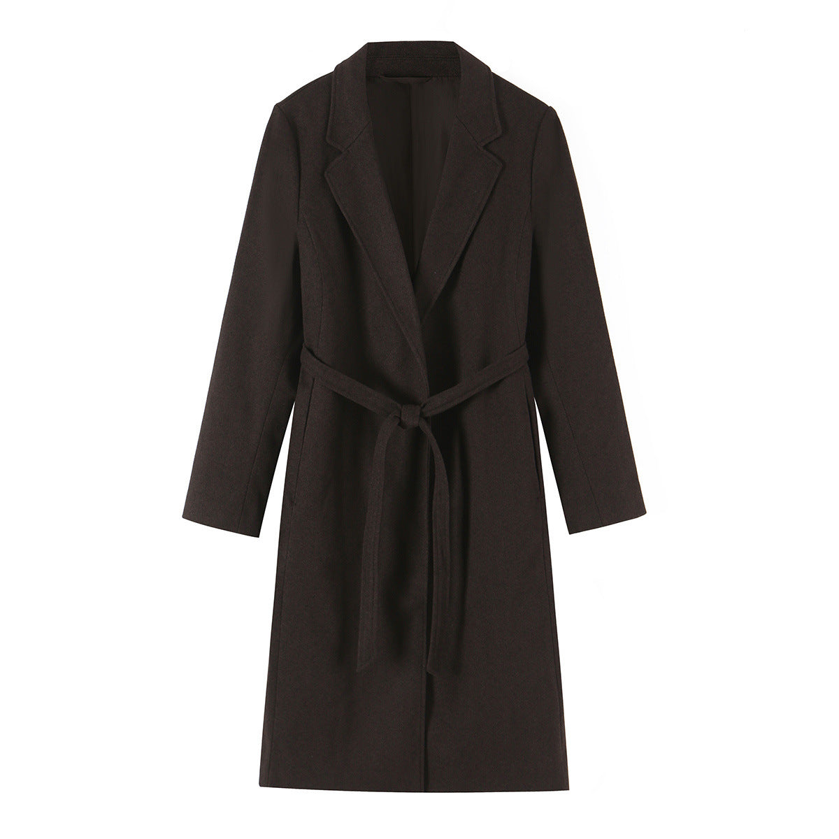 Women's Tailored Wool Blend Coat with Notch Collar and Tied Belt EVA-US