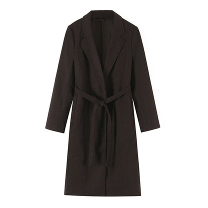Women's Tailored Wool Blend Coat with Notch Collar and Tied Belt EVA-US