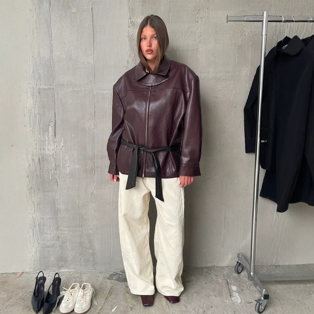 Women's Boxy Faux Leather Jacket with High Stand Collar, Front Zip and Waist Belt EVA-US