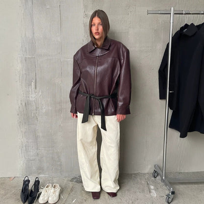 Women's Boxy Faux Leather Jacket with High Stand Collar, Front Zip and Waist Belt EVA-US