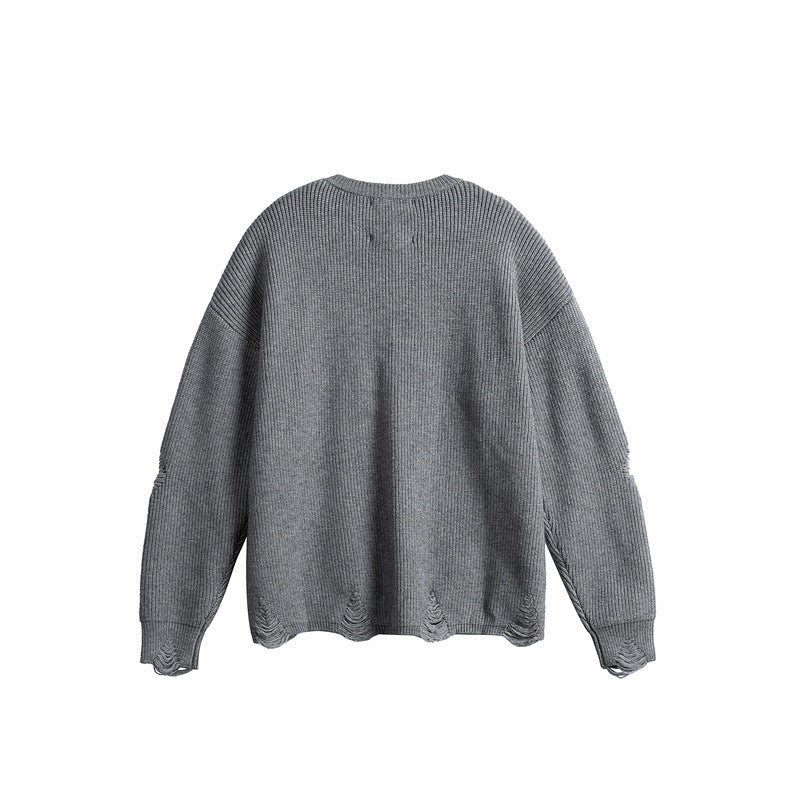 Unisex Oversize Knit Sweater with Destroyed Details and Statement Print EVA-US