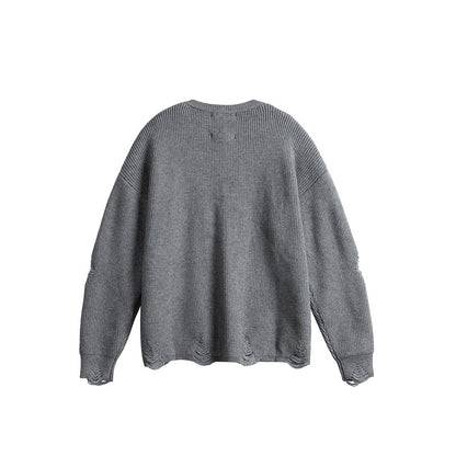Unisex Oversize Knit Sweater with Destroyed Details and Statement Print EVA-US