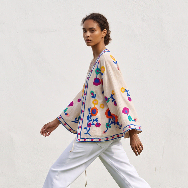 Women embroidered linen wrap jacket with folkloric flower appliqués EVA-US