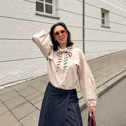 Women’s blouse with bow collar, dropped shoulder section and voluminous balloon sleeves EVA-US
