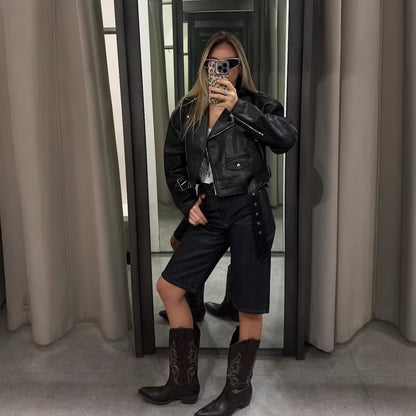 Women Short Structured Biker Jacket Made of Faux Leather EVA-US
