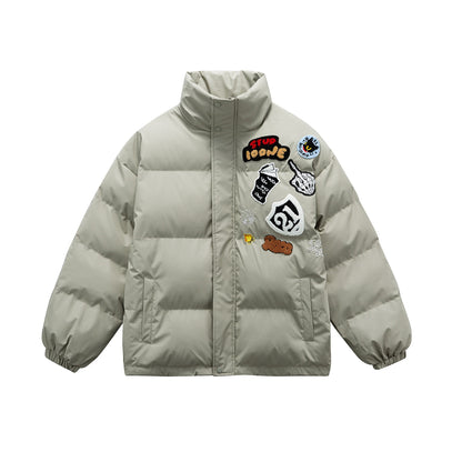 Unisex Boxy padded oversized puffer jacket with stand-up collar and statement patch details EVA-US