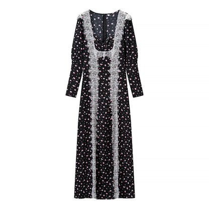 Ladies max dress with lace insert, long sleeves and floral all-over print EVA-US