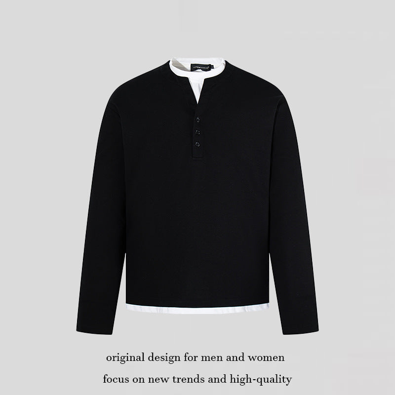 Men's Long-Sleeve Henley Layer Shirt with Contrasting Inner Collar and Modern Regular Fit EVA-US
