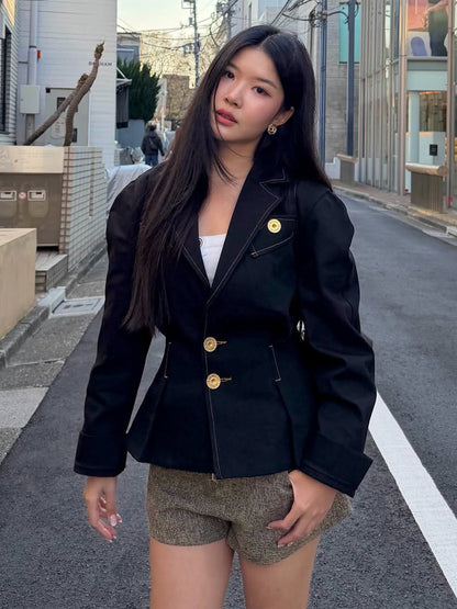 Women's Tailored Blazer with Decorative Stitching and Golden Decorative Buttons EVA-US