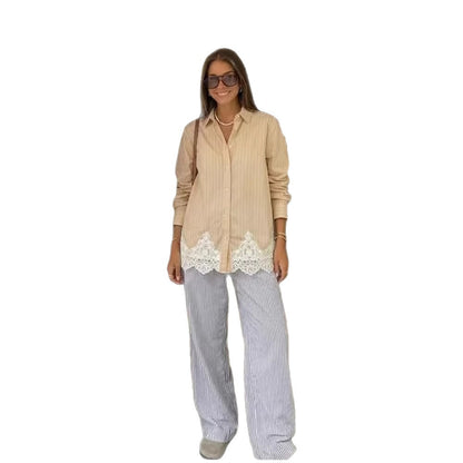 Ladies' shirt blouse with waist band, fine stripes & lace trim EVA-US