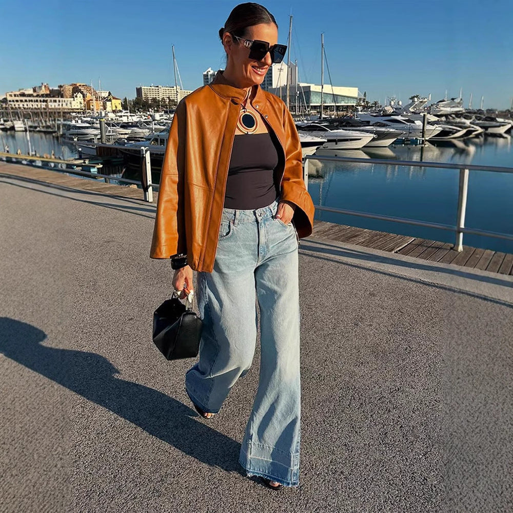 Women Cape-Sleeved Leather Jacket with Stand Collar EVA-US