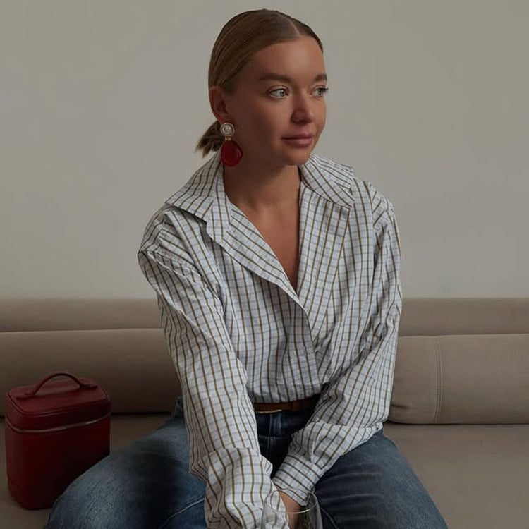 Ladies Checkered Oversized Shirt with Extended Hem EVA-US