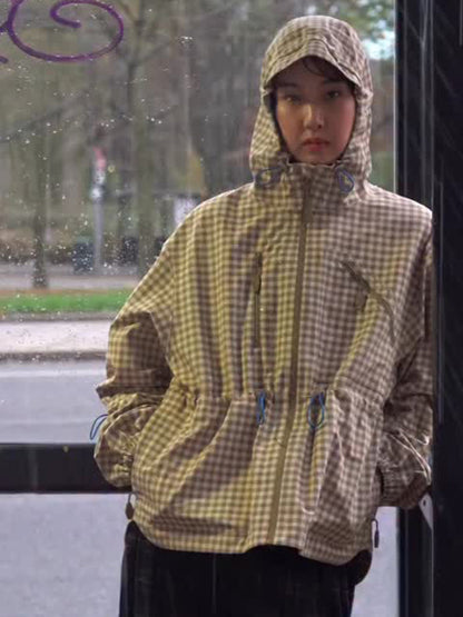 Women's Check Windbreaker with Waist Drawstring, Hood and Zipper EVA-US
