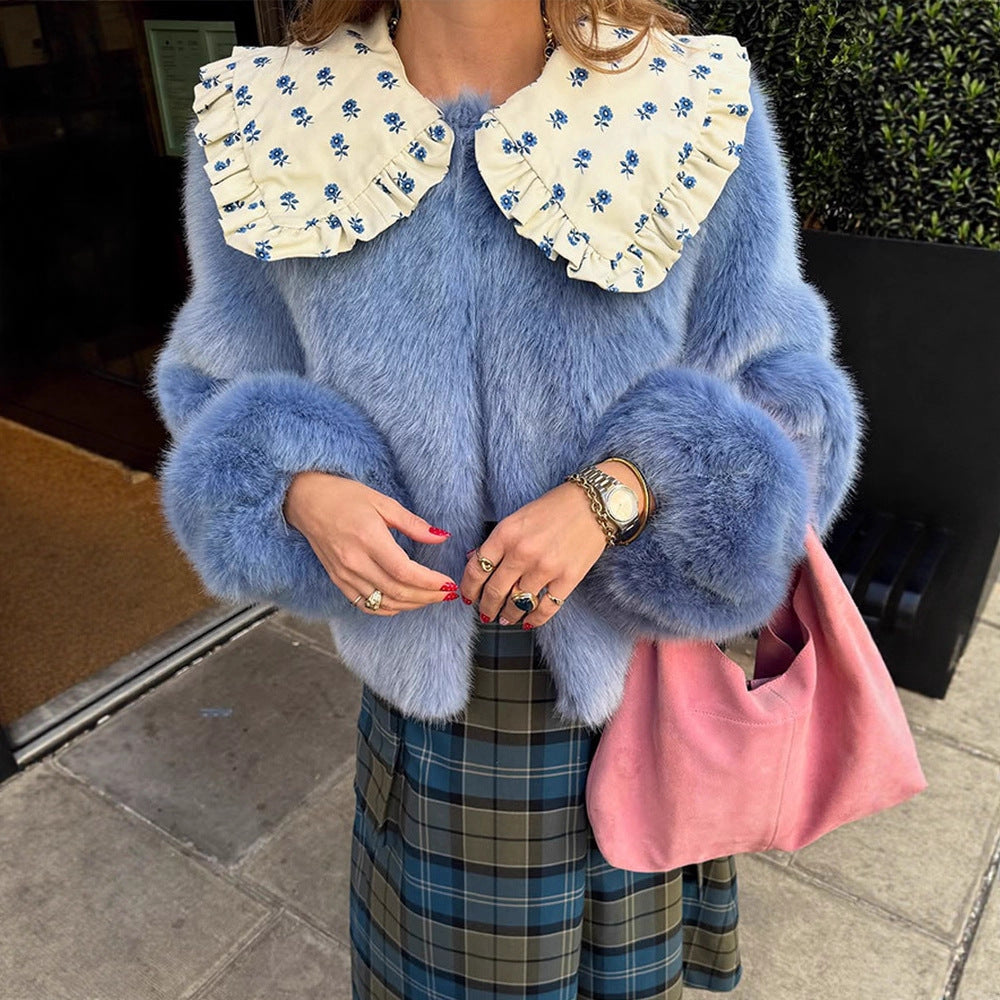 Women's Short Faux Fur Jacket with Distinctive Crochet Collar EVA-US