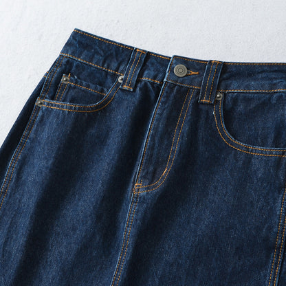 Women's High-Waisted Midi Skirt Made of Denim with Visible Seams and Turned-Up Hem EVA-US