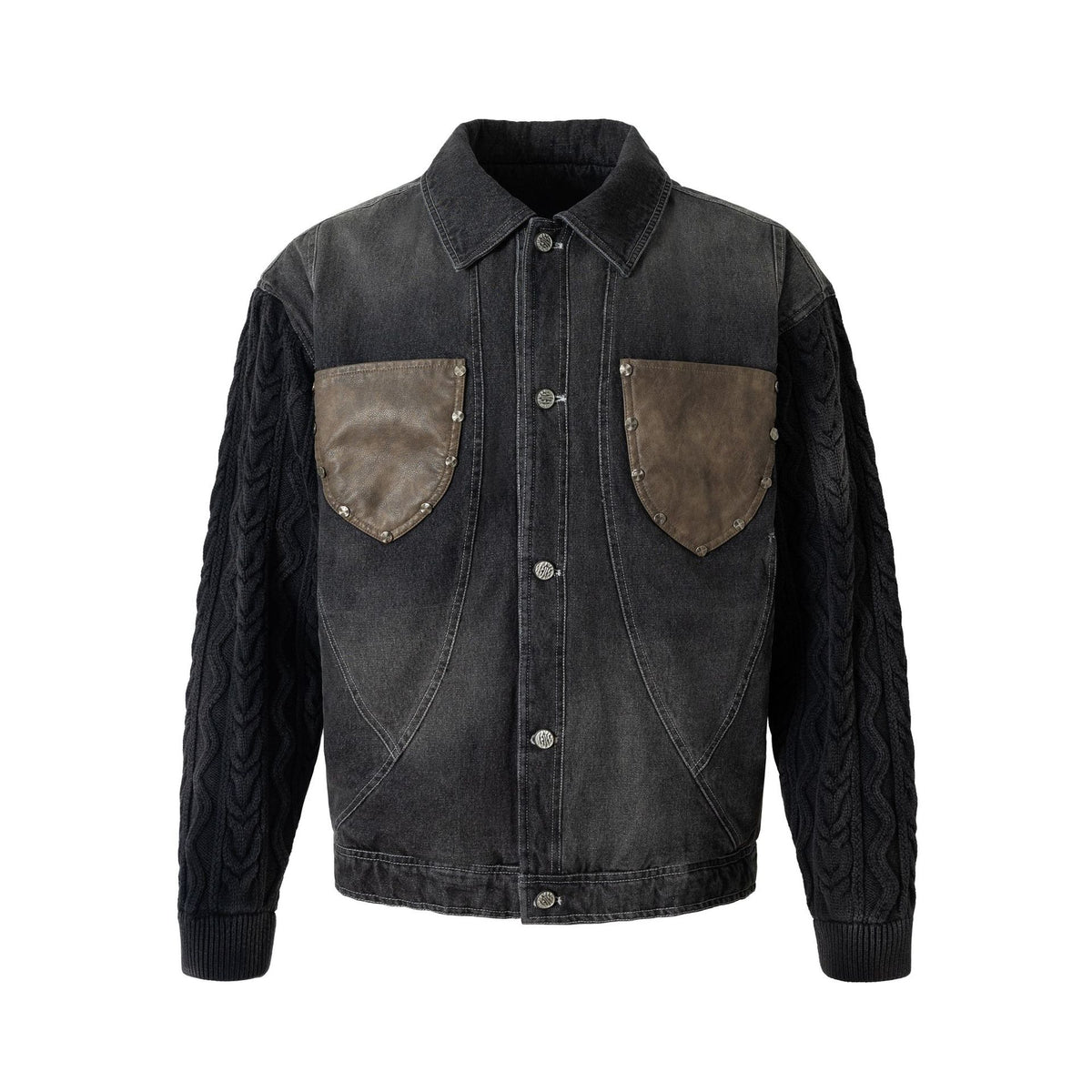 Men's denim jacket with applied leather chest pockets and cable knit sleeves EVA-US