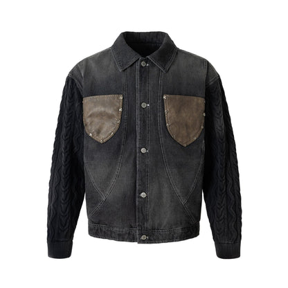 Men's denim jacket with applied leather chest pockets and cable knit sleeves EVA-US