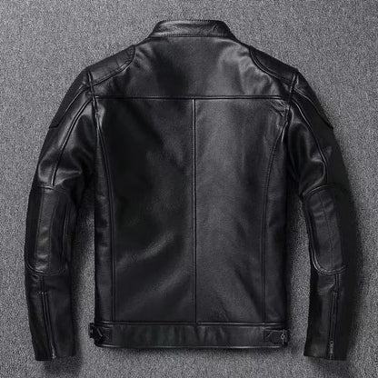 Men's Vintage Biker Leather Jacket with Stand Collar and Padded Shoulder EVA-US