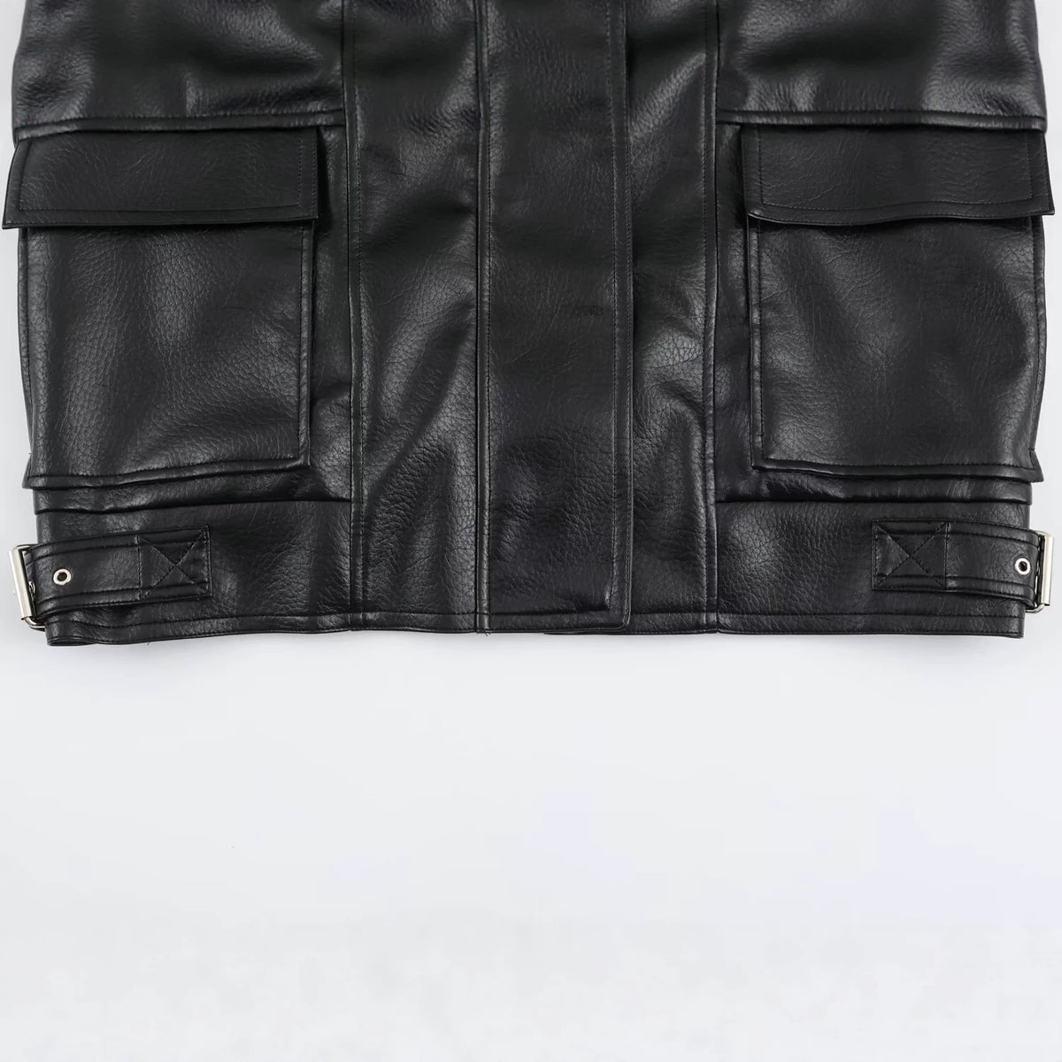 Women's Oversized Faux Leather Jacket with High Funnel Collar and Patch Pockets EVA-US