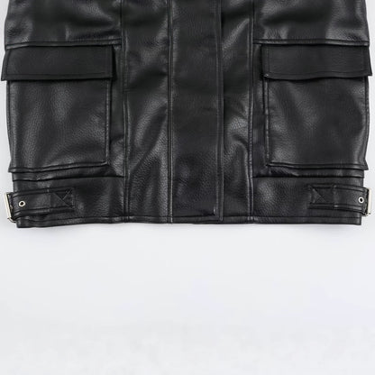 Women's Oversized Faux Leather Jacket with High Funnel Collar and Patch Pockets EVA-US