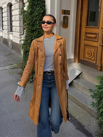 Women's Longer Tailored Leather Trench Coat with Double-Breasted Button Placket and Notched Collar EVA-US