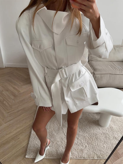 Women’s Short Blouse Dress with Waist Belt and Flap Pockets EVA-US