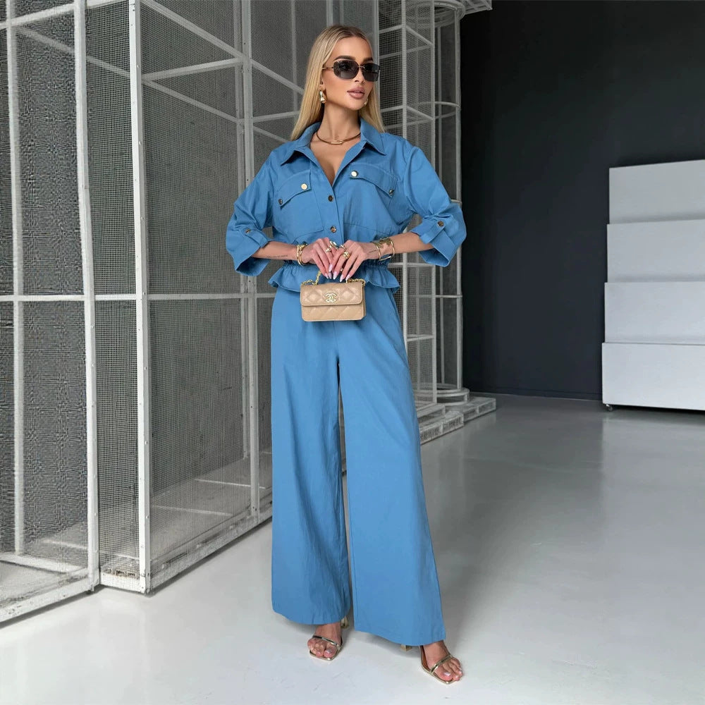 Women's Two-Piece Utility Shirt Jacket and High Waisted Pants Set with Drawstring and Gold Snap Buttons EVA-US