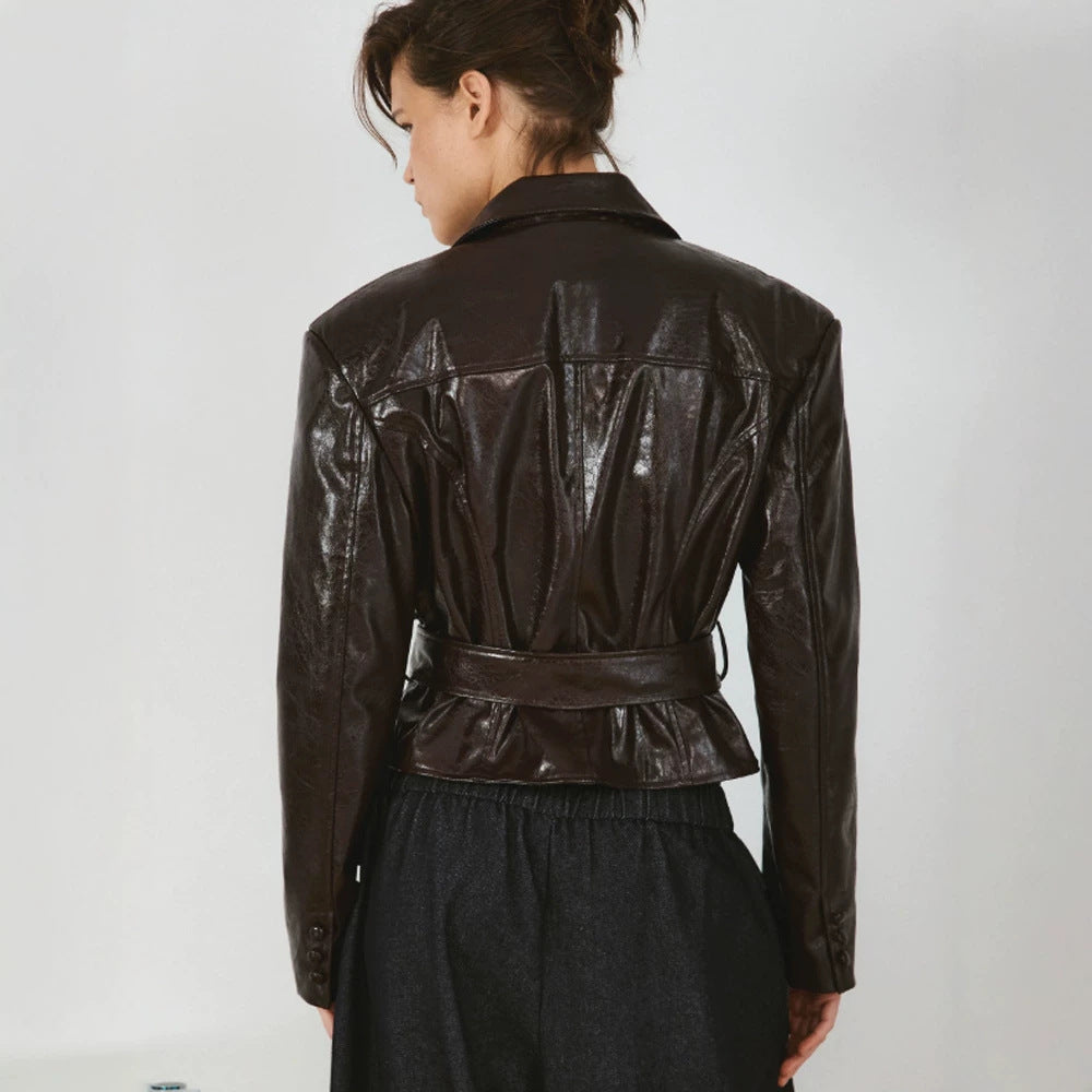 Women’s short blazer in patent leather look with waist belt and flowing lapel EVA-US