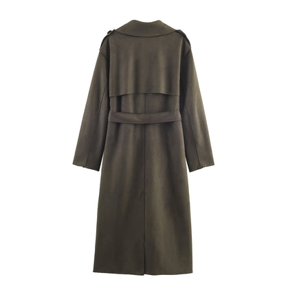 Women's Mid-length Trench Coat with Tied Belt and Shoulder Straps EVA-US