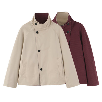 Women's short jacket with high stand-up collar and asymmetrical button placket EVA-US