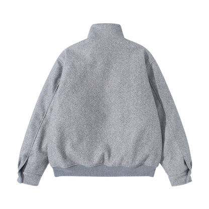 Unisex Boxy Wool Felt Bomber Jacket with High Stand-Up Collar, Fleece Lining and Ribbed Hem EVA-US