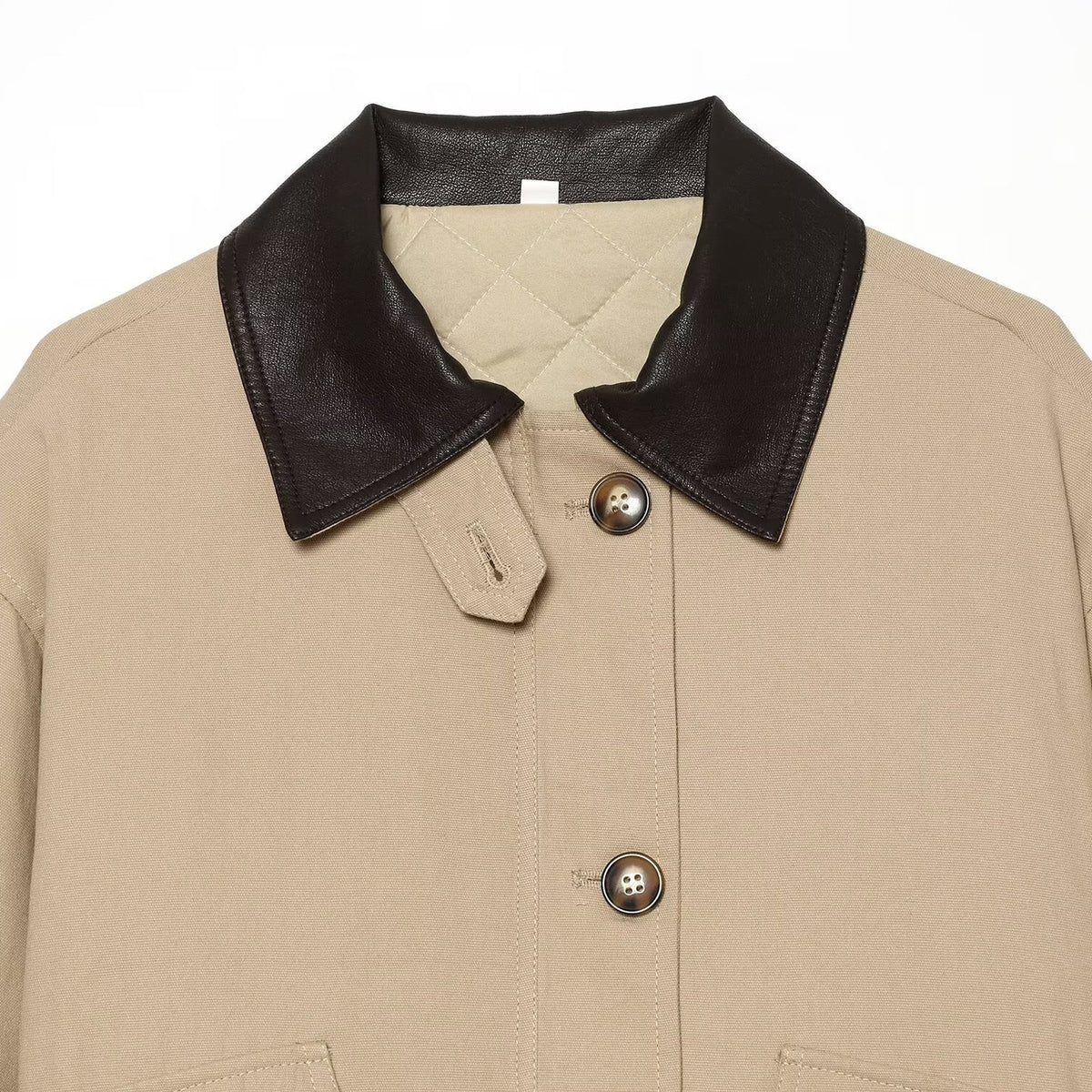 Women's Short Jacket with Contrasted Leather Collar and Cuffed Sleeves EVA-US