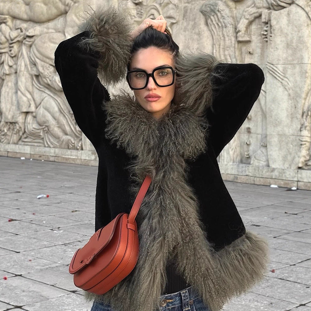 Women's short coat made of artificial fur with voluminous curl trim EVA-US
