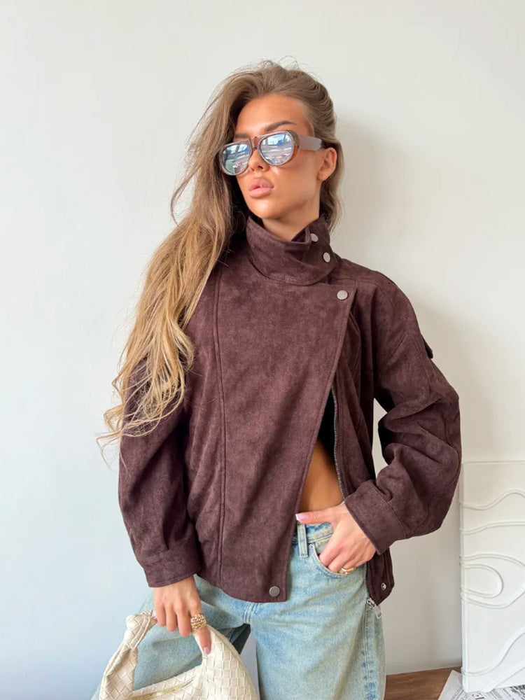 Women Oversize Suede-Look Biker Jacket with High Stand-Up Collar EVA-US