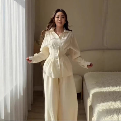 Women Elegant Two-Piece Satin Loungewear Set with Fitted Blouse and Wide Leg Pants EVA-US